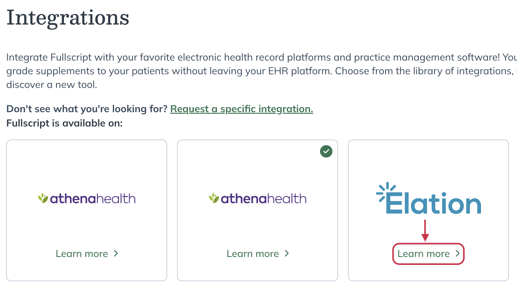 The Integrations page in Fullscript showing available EHR integrations and Learn more buttons.